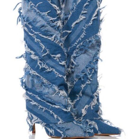 AZALEA WANG" SHREDDED PLEASURE "  FOLD OVER BOOT IN DENIM(BRAND NEW !!!!!!!!!!!! - Picture 1 of 7